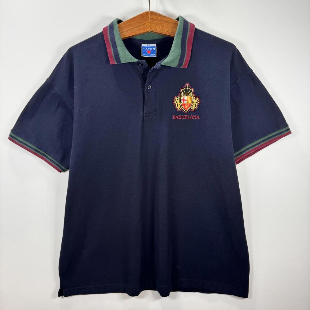 VTG 90’s Safon Barcelona “Barcelona Crest” Navy Blue Polo Shirt - XXL